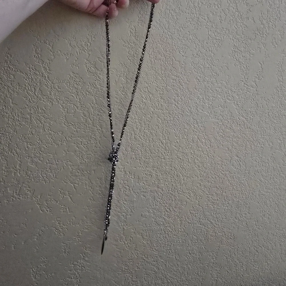 Mixed Metal Beaded Lariat Necklace Spike Pendants Hematite Tone Chain Long 36in